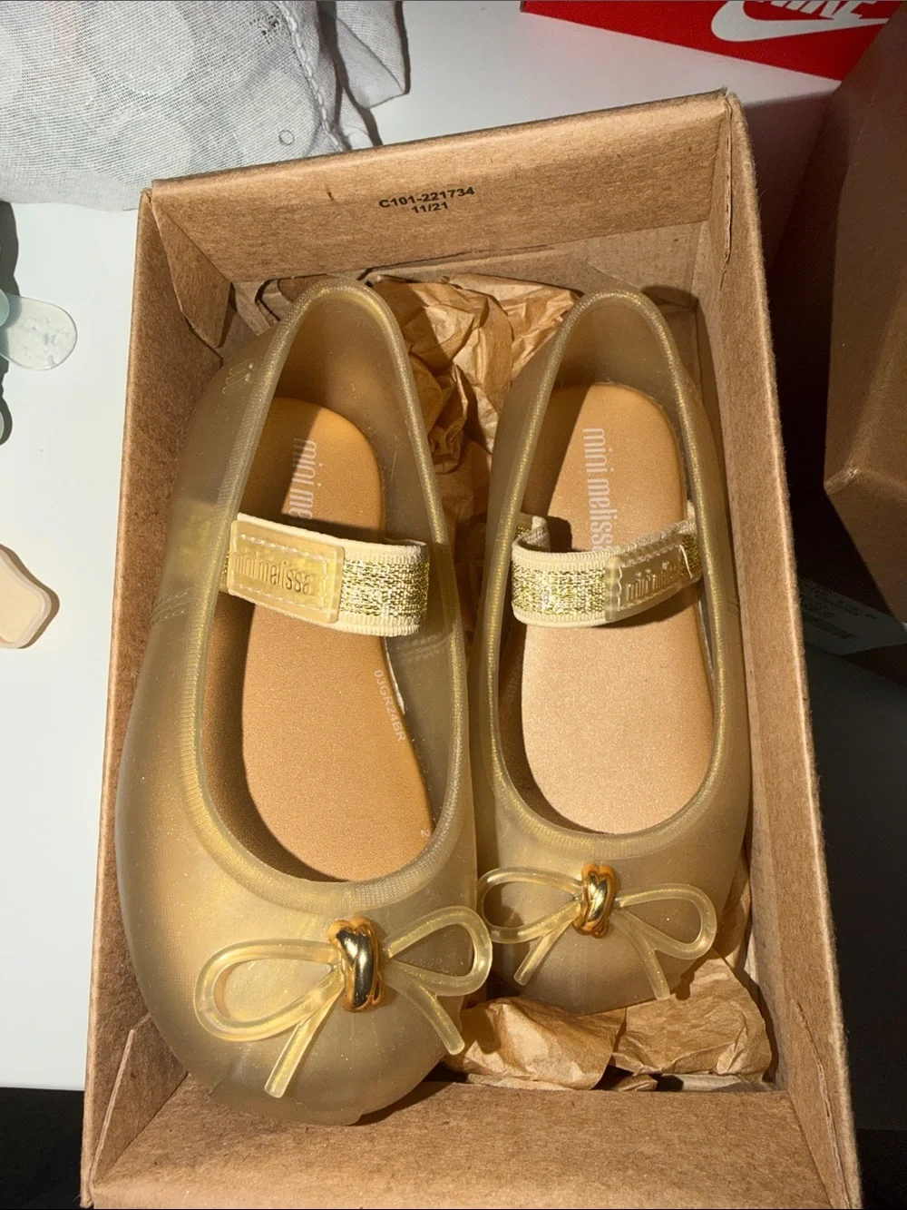 Mini Melissa Metallic Gold Mary Jane Ballet Flats with Bow
